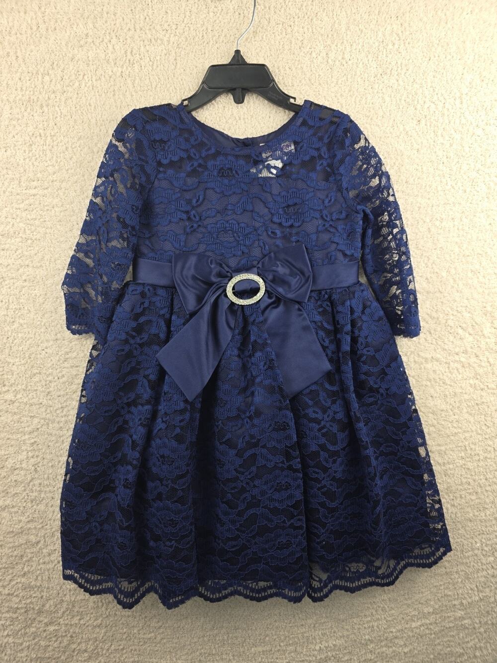 Blueberi Boulevard Girls Navy Blue Lace Dress with Rhinestone Bow Sash Size 4T